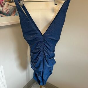Shimmery Deep Blue Ruched V-Neck One-Piece Swimsuit